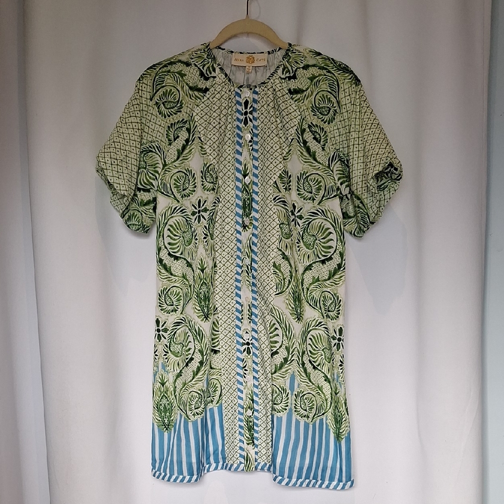 Anna Cate Scarlete Seaside Green & Blue Printed Short Sleeve Button Up Dress